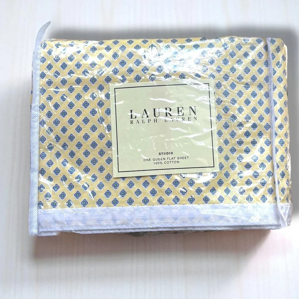 Ralph Lauren‎ Studio Foulard Citron & White Queen Flat Sheet NEW RETIRED PATTERN
